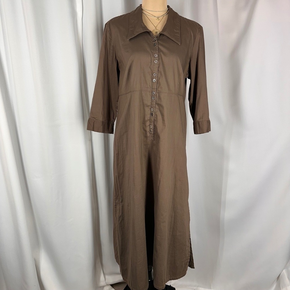 J. Jill Brown‎ Cotton Maxi Shirt Dress 14P Petite 3/4 Sleeve Button Front Casual